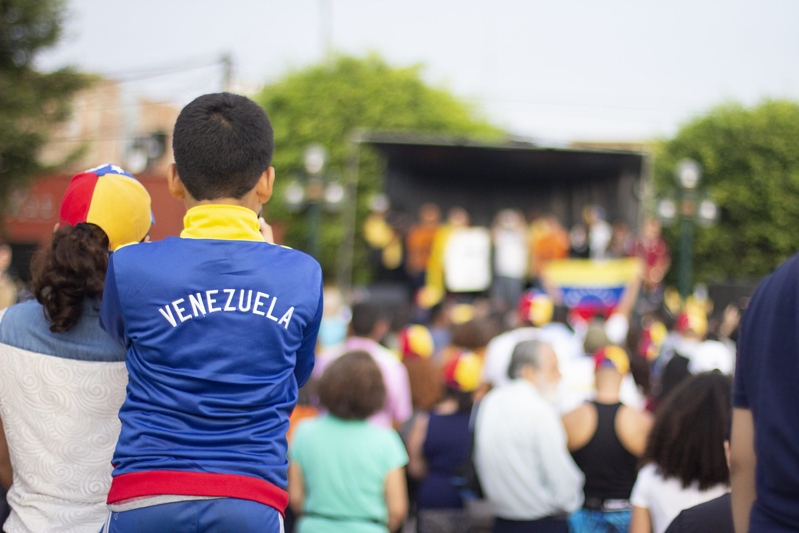 Young boy with Venezuelan pullover watching a stage at Venezuelan protest against Nicolas Maduro